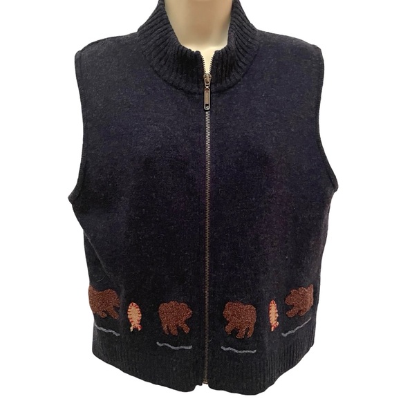 Woolrich Women’s Navy Blue Full Zip 100% Wool Vest Embroidered Bear Fish Medium - Picture 1 of 8